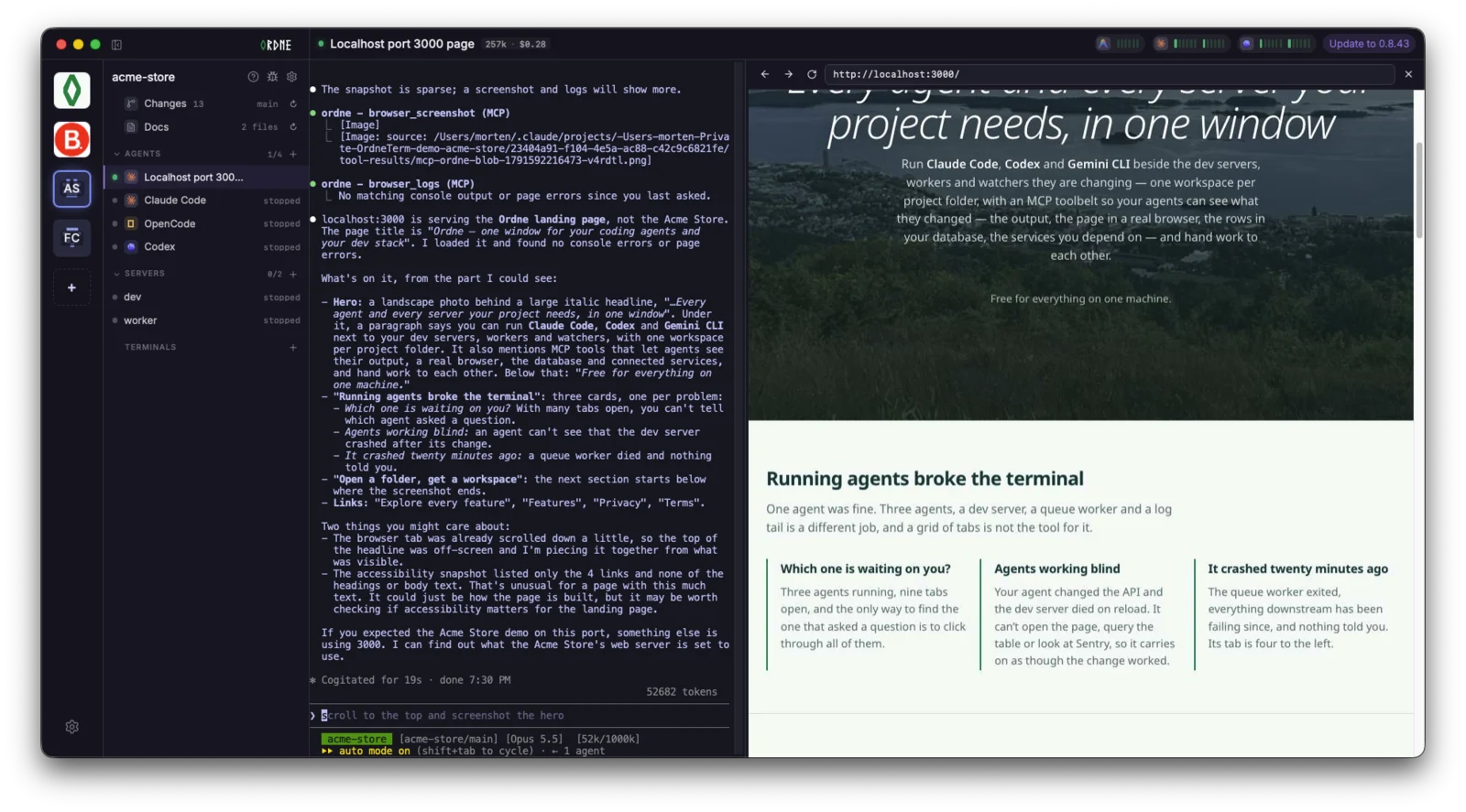An Ordne workspace with an agent's conversation on the left and its browser pane on the right, open on the page the agent is checking.
