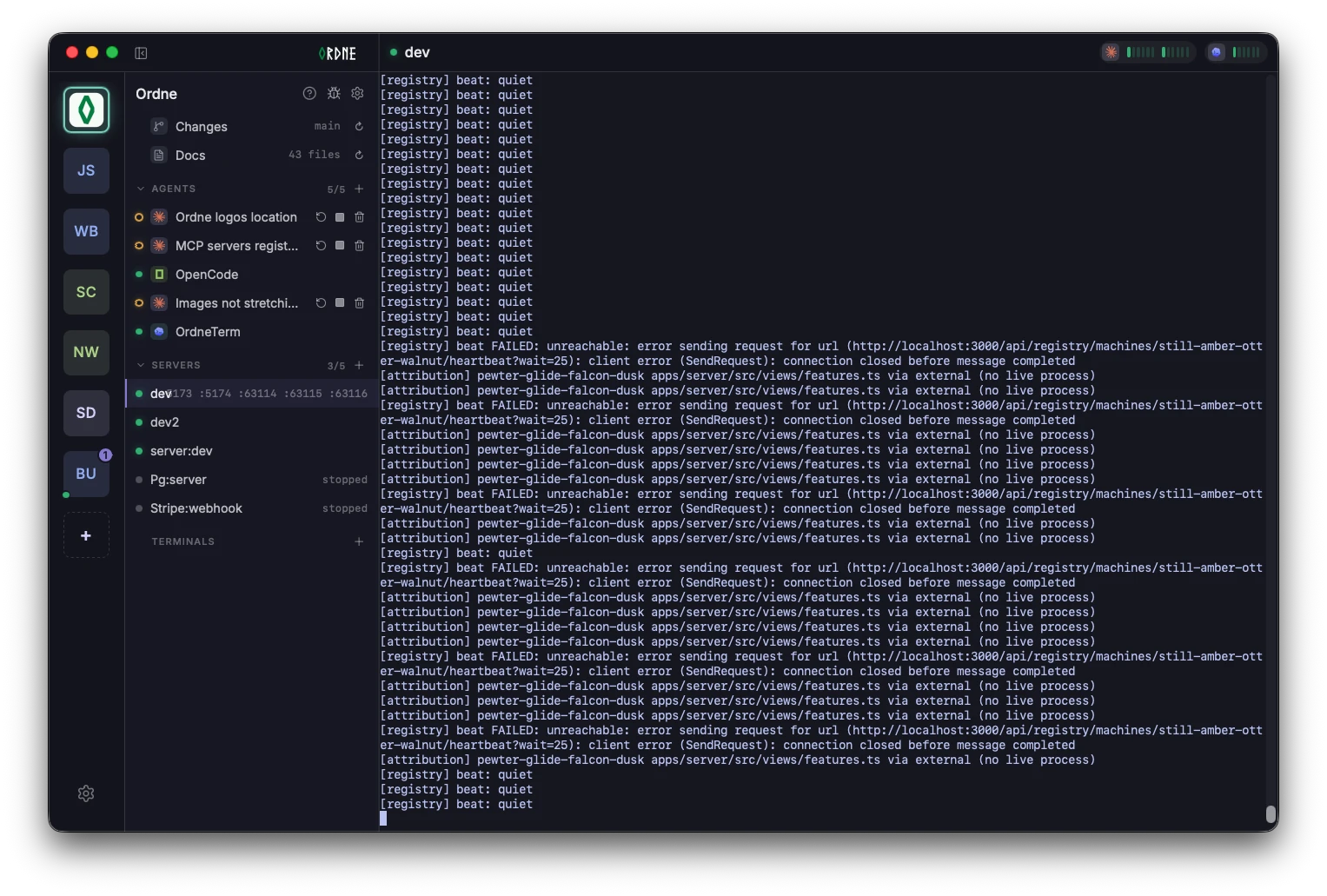 Ordne’s live project view with agent and server states beside a running development server terminal.
