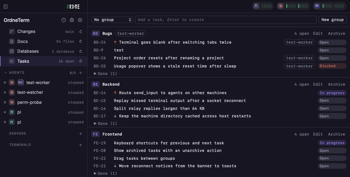 Ordne’s Tasks view: a project’s tasks in Bugs, Backend and Frontend groups, each with an id, a priority, an assignee and a status.