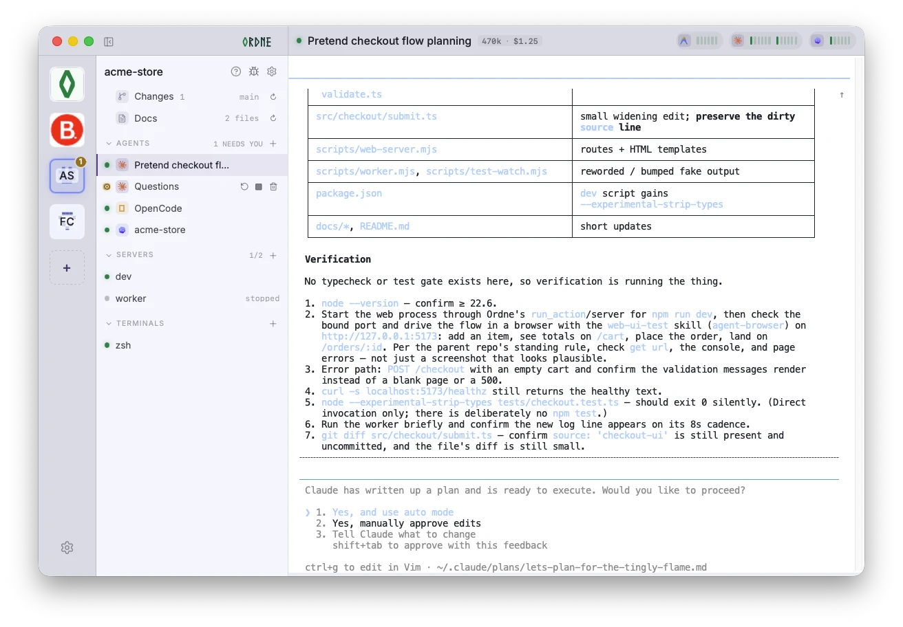 An Ordne project workspace showing agents, commands, Changes, Docs, terminals, live usage and an agent awaiting a decision.